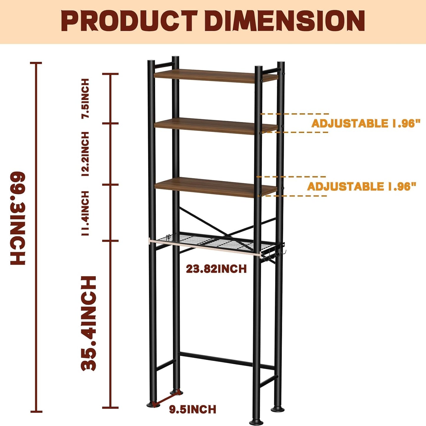 GloTika 3-Tier Over Toilet Storage, Anti-Tilt, 64" H, Black | Anti-Tilt Safety System, 150lb Capacity, Carbon Steel, Freestanding, No Drilling, Anti-Rust Coating, Paper Holder & 4 Hooks