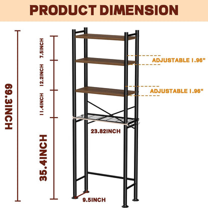 GloTika 3-Tier Over Toilet Storage, Anti-Tilt, 64" H, Black | Anti-Tilt Safety System, 150lb Capacity, Carbon Steel, Freestanding, No Drilling, Anti-Rust Coating, Paper Holder & 4 Hooks