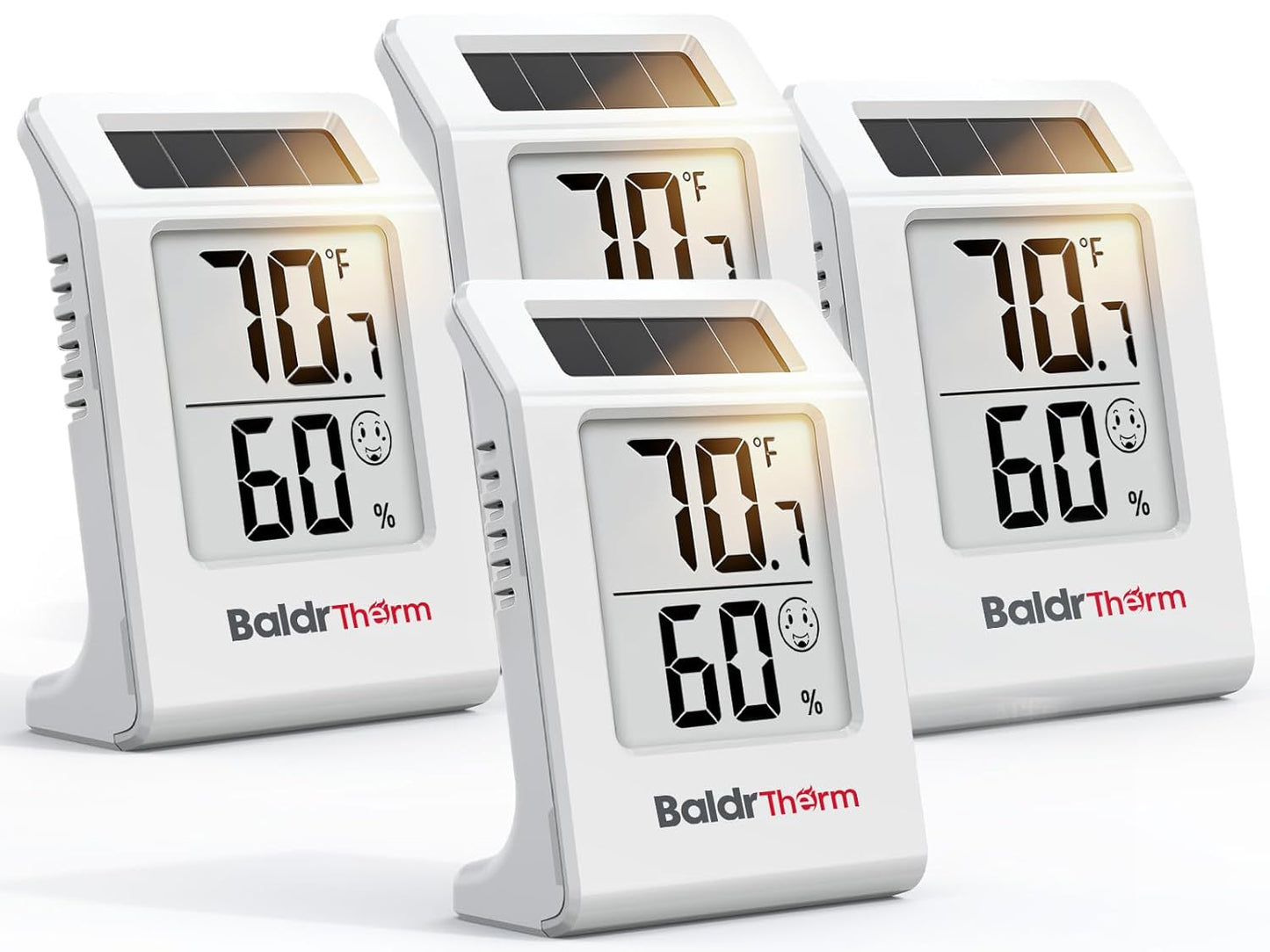 BALDR 4-Pack Digital Hygrometer Thermometer, Solar Humidity Monitor (White) | No Setup Needed,Solar Power with Battery Backup,10s Data Refresh,Comfort Indicator Meter for Home Bedroom Greenhouse Office