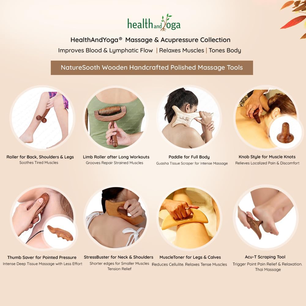 HealthAndYoga™ NatureSooth Wooden Massage Roller – Wood Therapy Massage Tools – Handheld Calf and Leg Massager, Back and Shoulder Massager and Full Body Massager