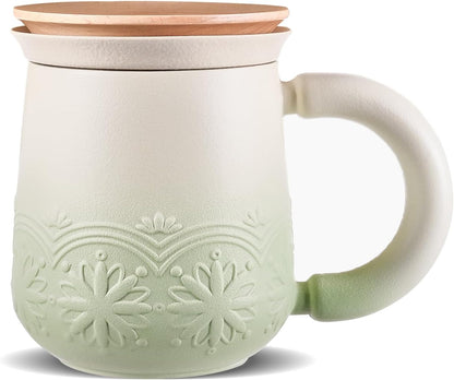 ZENS Tea Mug with Infuser and Lid for Loose Tea Diffusers, 12oz Purple | Embossed Ceramic Tea Cup with Infuser for Herbal Tea Steeper, Tea Lovers Gifts, Japandi Style Sunflower