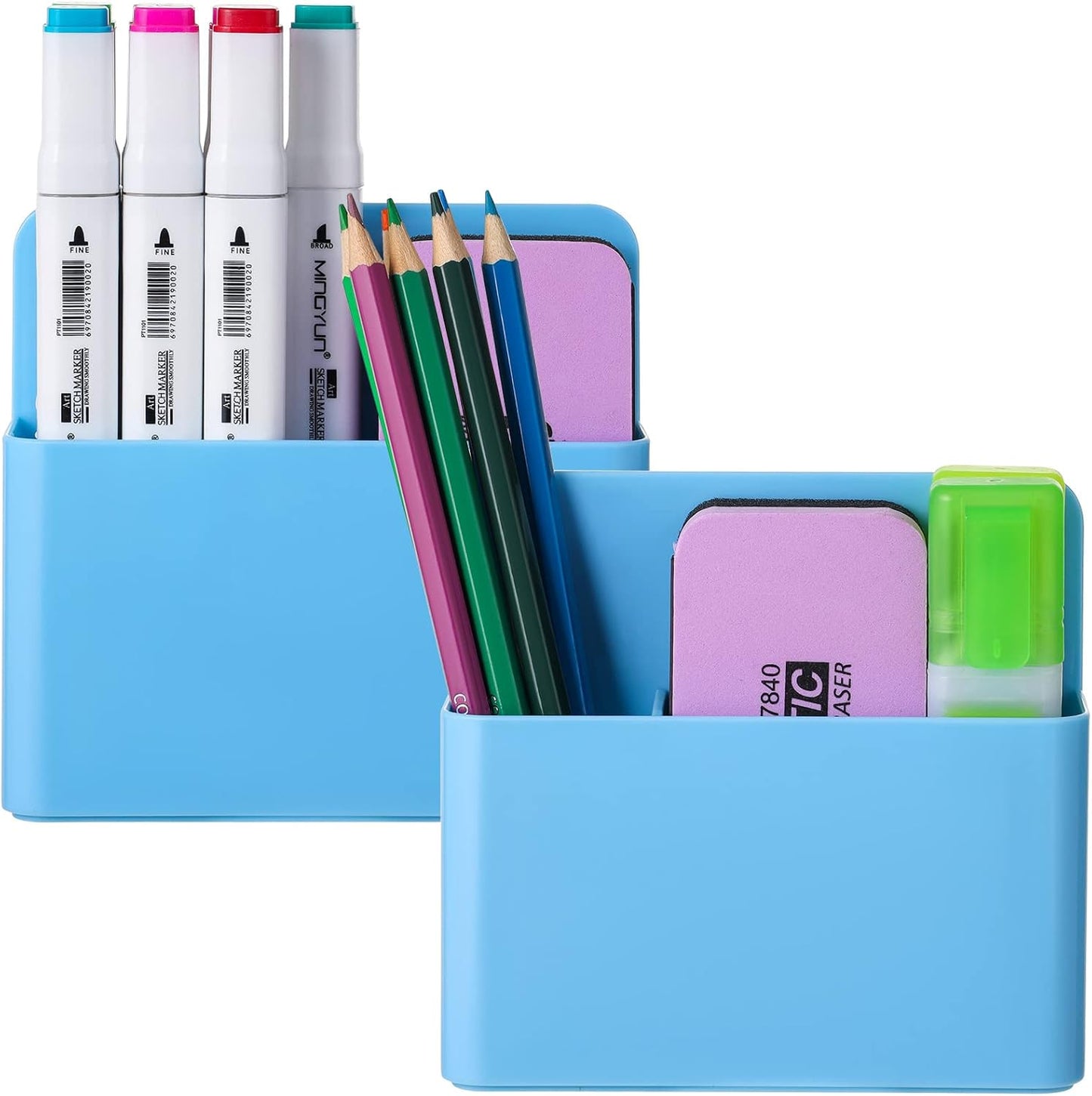 Marbrasse Magnetic Dry Erase Marker Holder,Pen and Eraser Holder for Whiteboard，Magnet Pencil Cup Utility Storage Organizer for Office, Refrigerator, Locker and Metal Cabinets (2 Pack)
