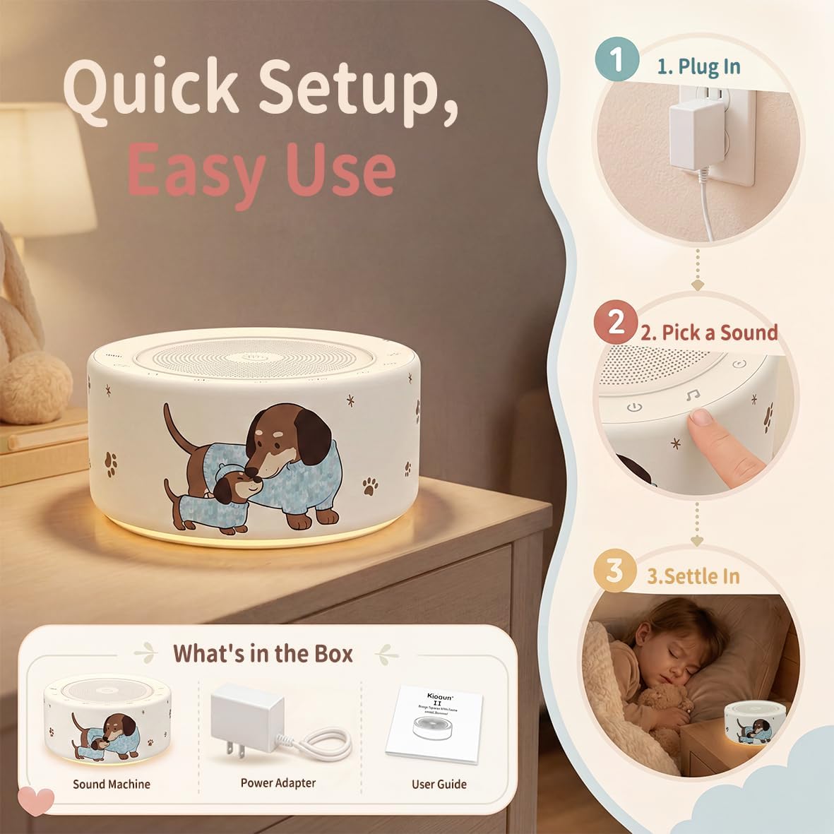 Kipcush White Noise Machine for Baby & Adults, 30 Soothing Sounds, Sleep Sound Machine with 8 Color Night Light, Memory Function, White Noise for Sleeping, Nursery, Office, Travel & Relaxation