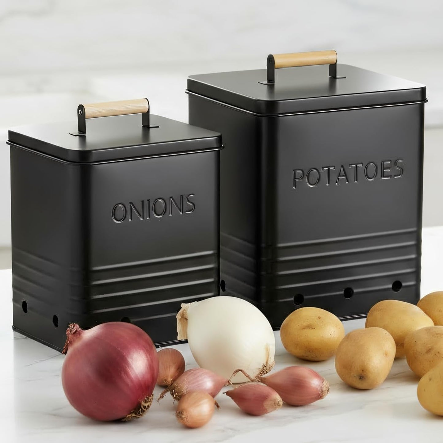 Beautiful Potato and Onion Storage Container Set - Food Safe Metal Bins | Spacious 10.1" and 8.9" Canisters for Your Kitchen Counter or Pantry - Keeps Produce Fresh Longer