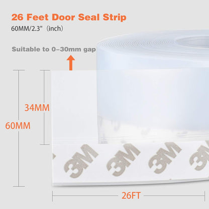 26 Feet Silicone Seal Strip,Door Weather Stripping Door Seal Strip Window Seal Silicone Sealing Tape for Door Draft Stopper Adhesive Tape (Transparent, 45mm)