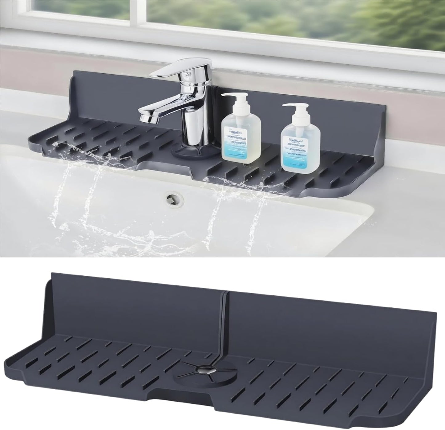 Sink Splash Guard Behind Faucet, Silicone Sink Faucet Drying Mat & Dish Soap Sponge Holder, 17" x 5.5" Silicone Kitchen Sink Auto Drain Organizer (Grey)