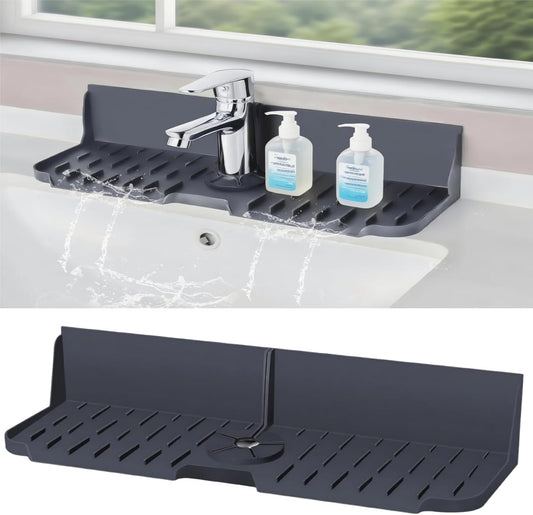 Sink Splash Guard Behind Faucet, Silicone Sink Faucet Drying Mat & Dish Soap Sponge Holder, 17" x 5.5" Silicone Kitchen Sink Auto Drain Organizer (Grey)