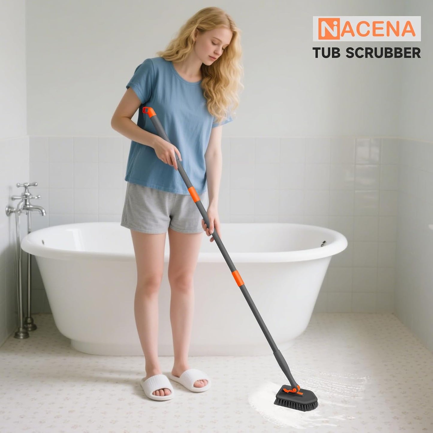 nacena Shower Scrubber with Long Handle, 4 in 1 Tile Tub Scrubber Brush with 3 Detachable Cleaning Heads and V-Shaped Grout Brush Shower Cleaner Brush for Bathroom Kitchen Toilet Tub Sink Wall, Black