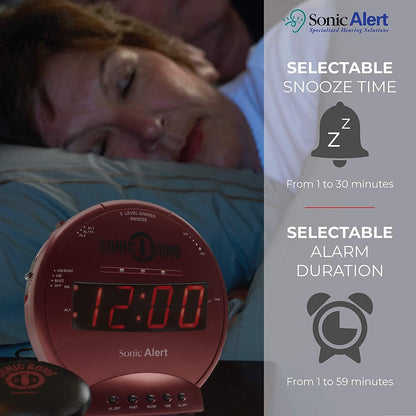 Sonic Alert Sonic Bomb Dual Alarm Clock with Bed Shaker, Black Vibrating Alarm Clock Heavy Sleepers, Battery Backup | Wake with a Shake