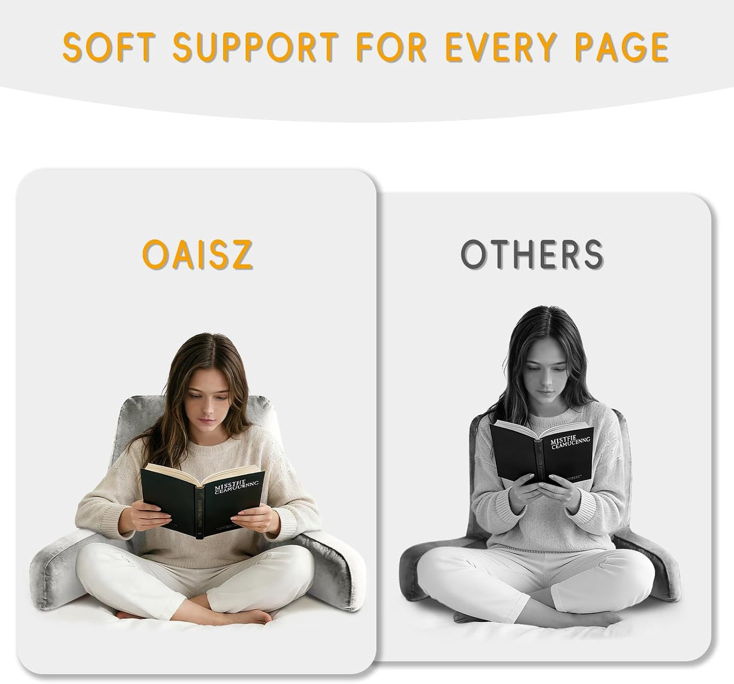 OAISZ Reading Pillow for Sitting in Bed with Shredded Memory Foam, Grey | 19-Inch Back Pillow for Sitting Up in Bed, Extended Arms, Side Pockets, Supportive Adjustable Pillow Removable Washable Cover