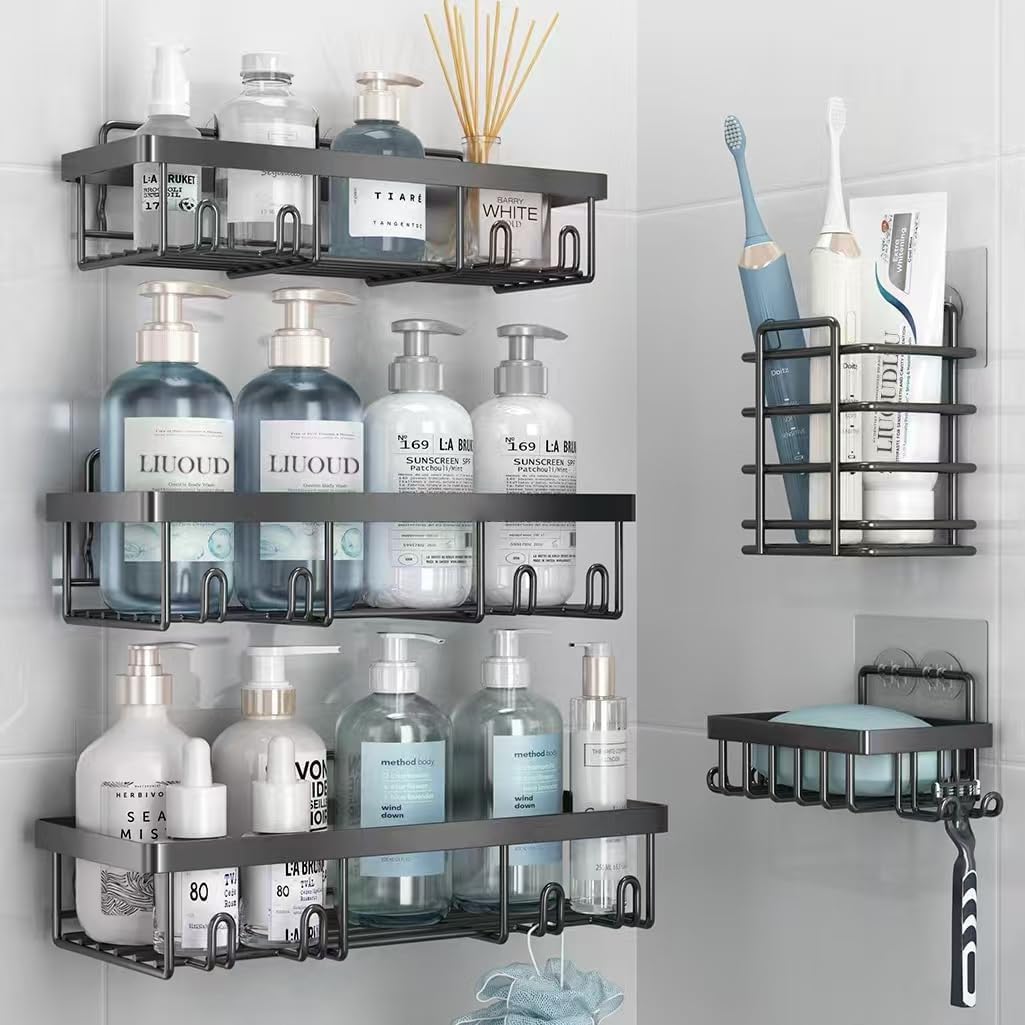 Liuoud 5 Pack Shower Caddy for Inside Shower, Gold Bathroom Storage Decor | Large Rustproof Stainless Steel Organizer with Strong Adhesive, No Drilling Wall Mounted Shelves, Bathroom Accessory Set