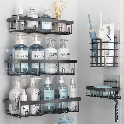 Liuoud 5 Pack Shower Caddy for Inside Shower, Gold Bathroom Storage Decor | Large Rustproof Stainless Steel Organizer with Strong Adhesive, No Drilling Wall Mounted Shelves, Bathroom Accessory Set