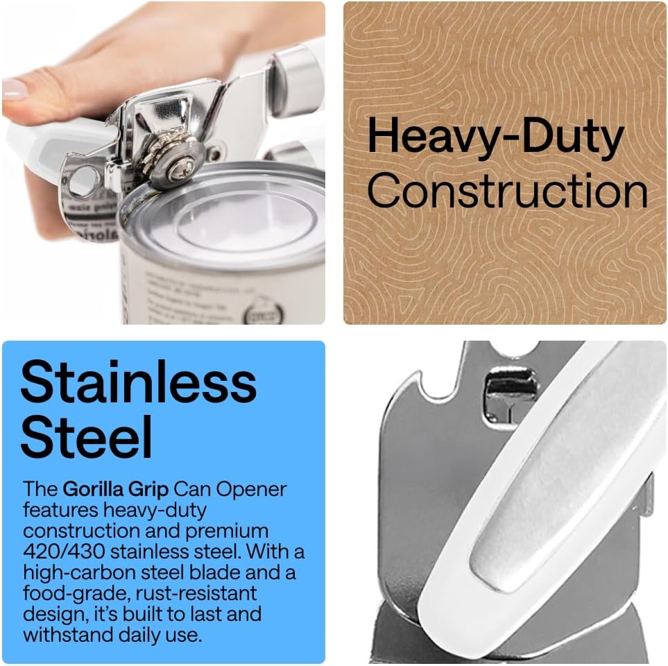 GORILLA GRIP Original Model Stainless Steel Smooth Edge Manual Can Opener and Bottle Openers, US Designed, Comfortable Handle, Oversized Handheld Turn Knob, Multifunctional Kitchen Tool, Gray