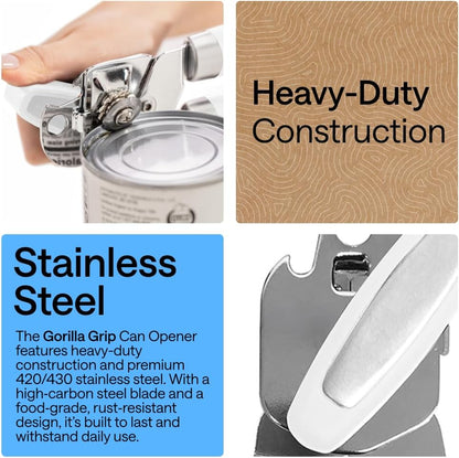 GORILLA GRIP Original Model Stainless Steel Smooth Edge Manual Can Opener and Bottle Openers, US Designed, Comfortable Handle, Oversized Handheld Turn Knob, Multifunctional Kitchen Tool, Gray