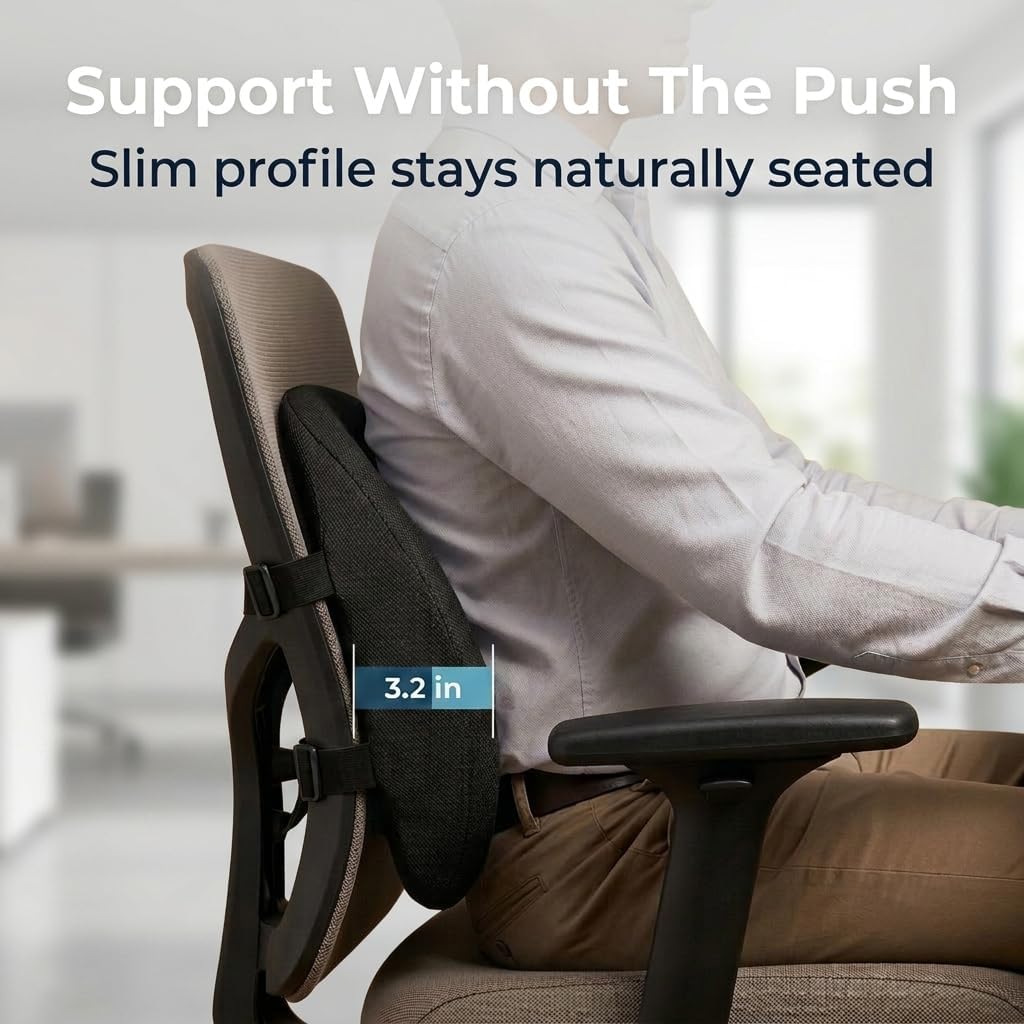 Lumbar Support Pillow for Office Chair & Car Seat, All-Season Memory Foam for Lower Back Pain Relief, Non-Slip Back Cushion with Dual Straps for Desk Workers & Drivers, Black