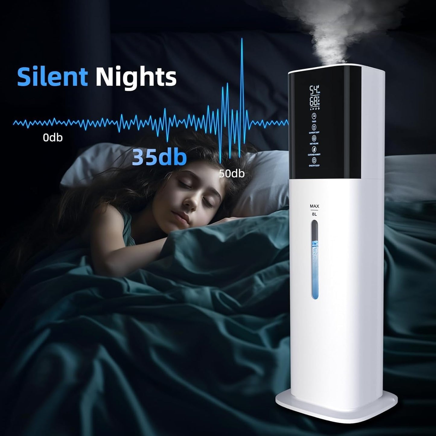 Humidifiers for Bedroom, 2.11Gal 8L Quiet Humidifiers for Large Room with Timer, 360°Nozzle, 3 Speed Ultrasonic Cool Mist Humidifier with Humidistat for Baby Home Adults Plants