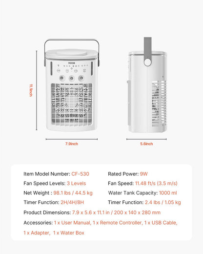 VEVOR Portable Air Conditioner, 4-in-1 Evaporative Air Cooler with Remote Control, 3-Speed Mini Air Conditioner with Timer, 3 Mist Levels, 1L Water Tank, 120° Oscillating Mini AC Fan for Desktop Home