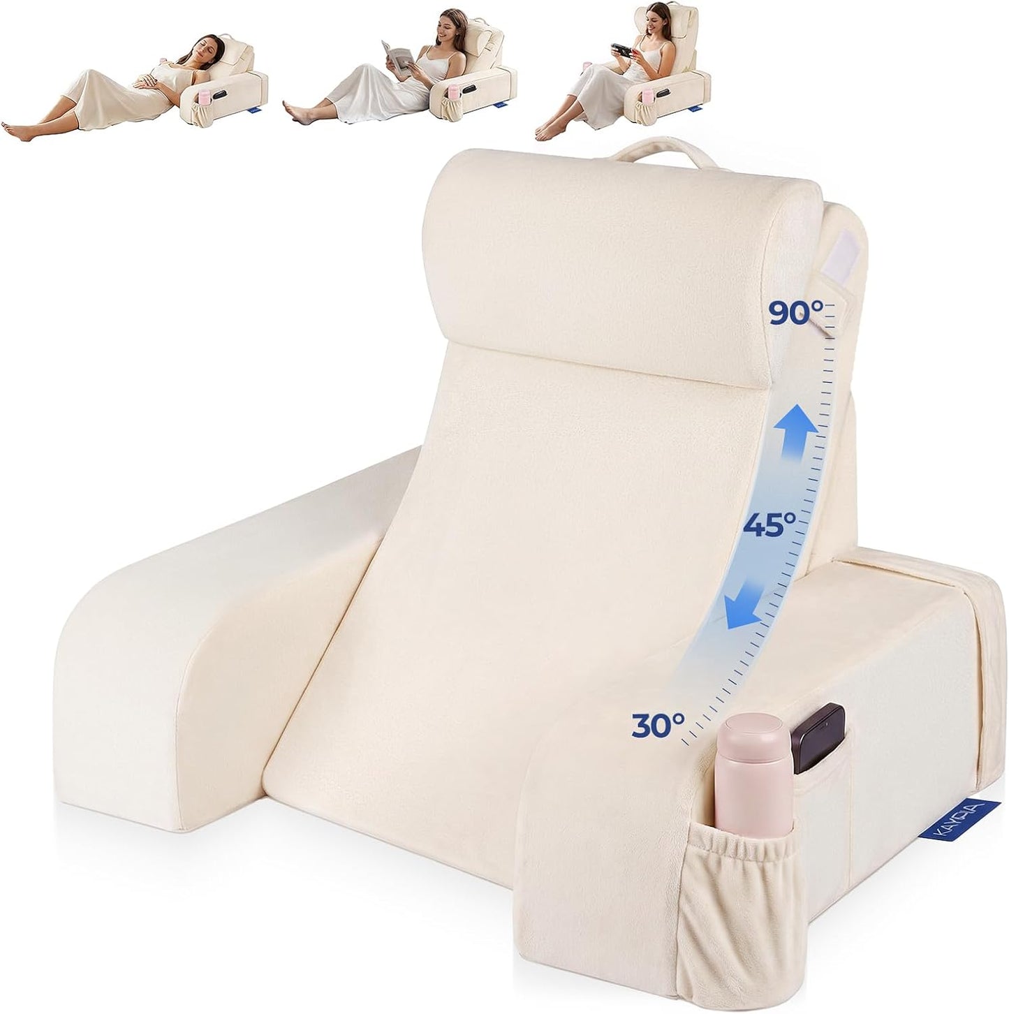 Kayfia Reading Pillow, 30-90° Stepless Adjust Angle & Height, Large, Grey | 2 in 1 Back Wedge Pillow for Bed Sitting up, Adjustable Headrest, Backrest Pillow for Reading/Gaming/Working in Bed or Couch