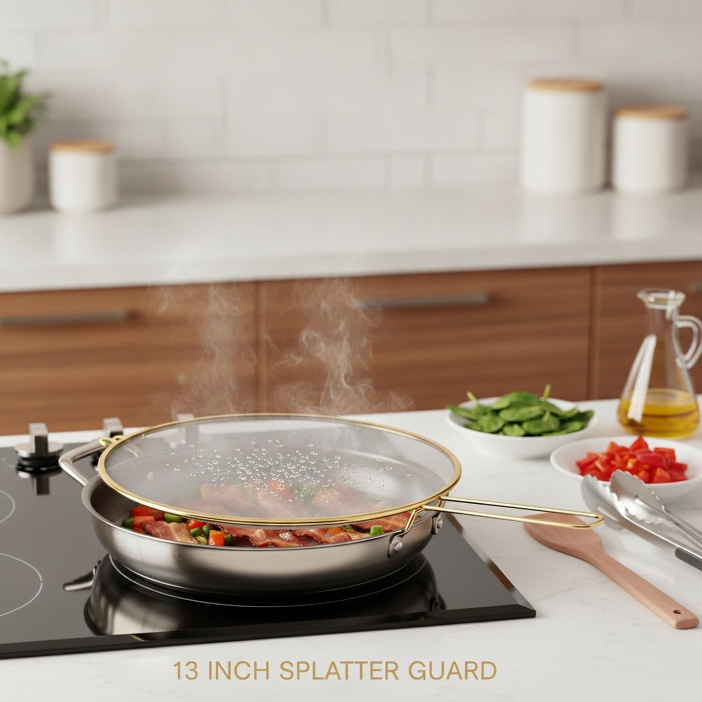 Stainless Steel Splatter Screen for Frying Pan, 13 Inch Mesh Oil Guard to Keep Stovetop Clean (1 Piece)