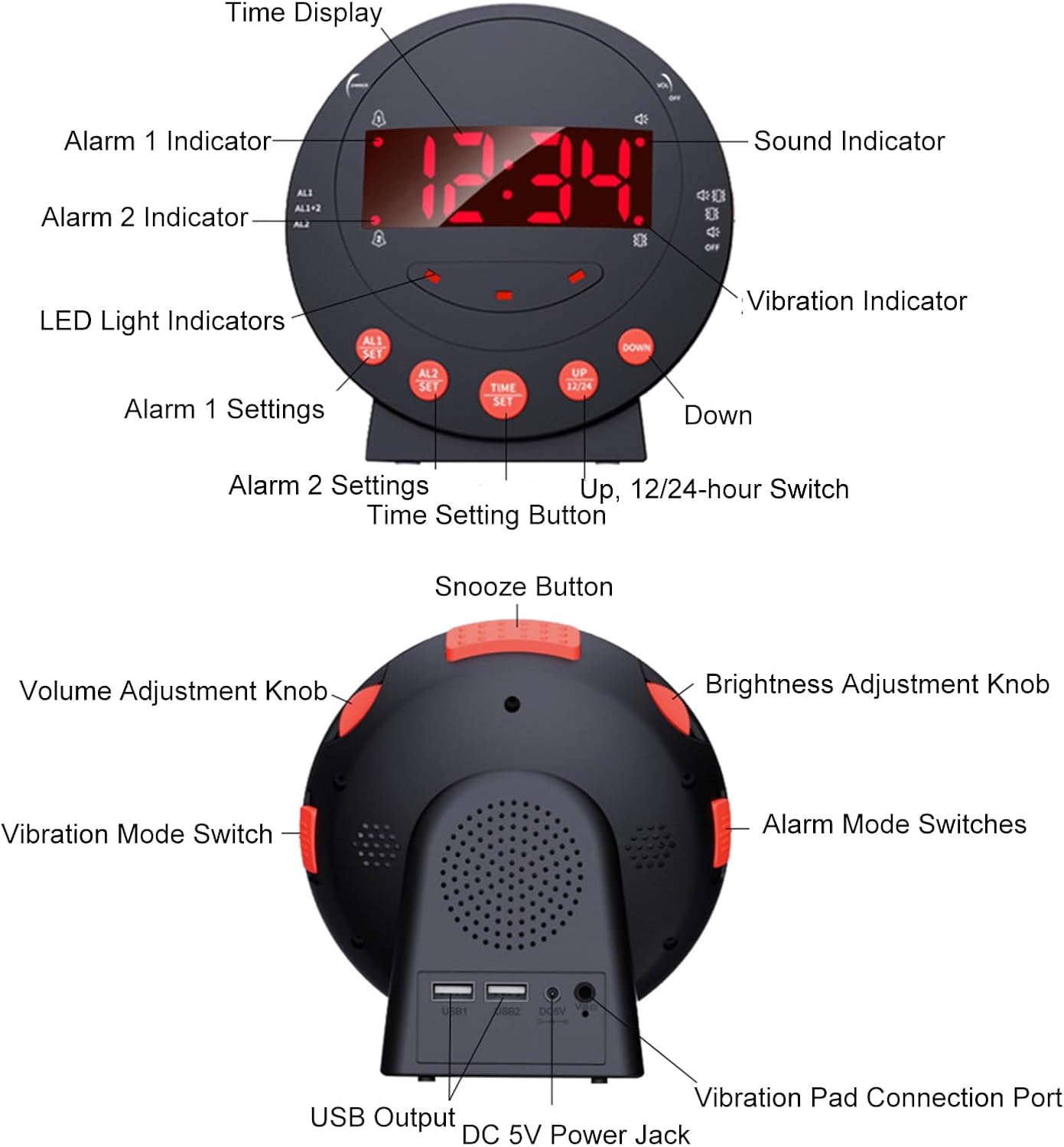 TARSHYRY Vibrating Alarm Clock with Bed Shaker LED Display Loud Volume Adjustable Brightness for Heavy Sleepers Deaf Hard of Hearing