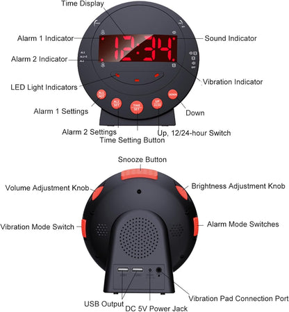 TARSHYRY Vibrating Alarm Clock with Bed Shaker LED Display Loud Volume Adjustable Brightness for Heavy Sleepers Deaf Hard of Hearing