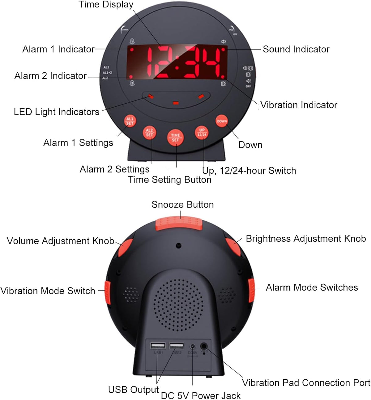 TARSHYRY Vibrating Alarm Clock with Bed Shaker LED Display Loud Volume Adjustable Brightness for Heavy Sleepers Deaf Hard of Hearing