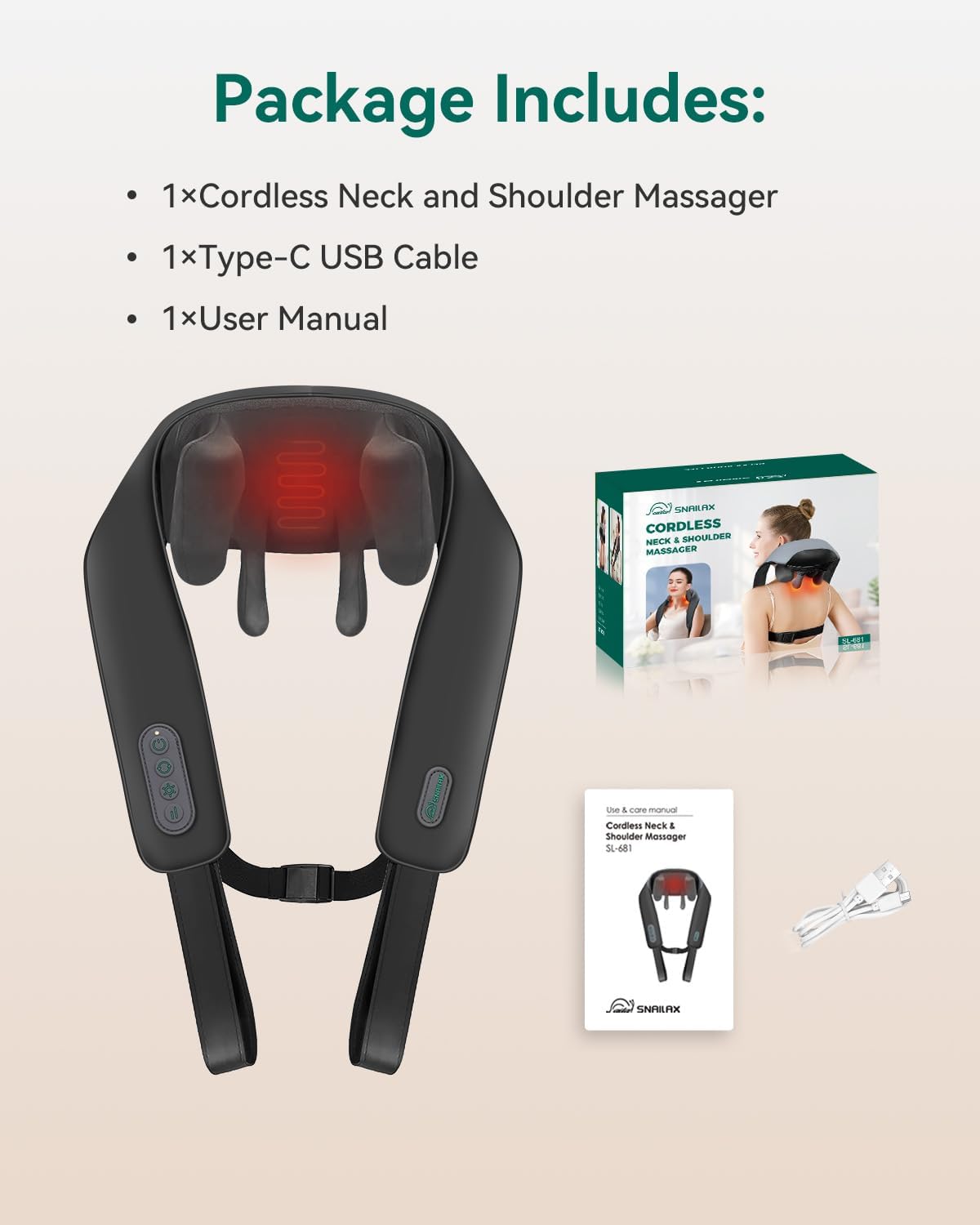 Snailax Cordless Neck & Shoulder Massager with Kneading, Heat, USB-C