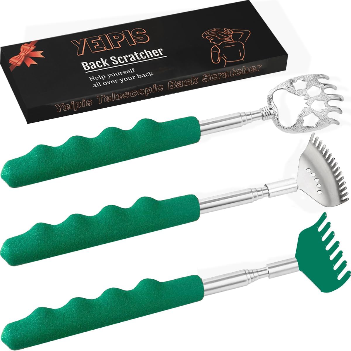 Yeipis 3 Pack Different Back Scratcher Metal Portable Telescoping with Rubber Handles, Extendable Back Massager Tool with Beautiful Box, Stocking Stuffers for Men Women Christmas Presents(Black)