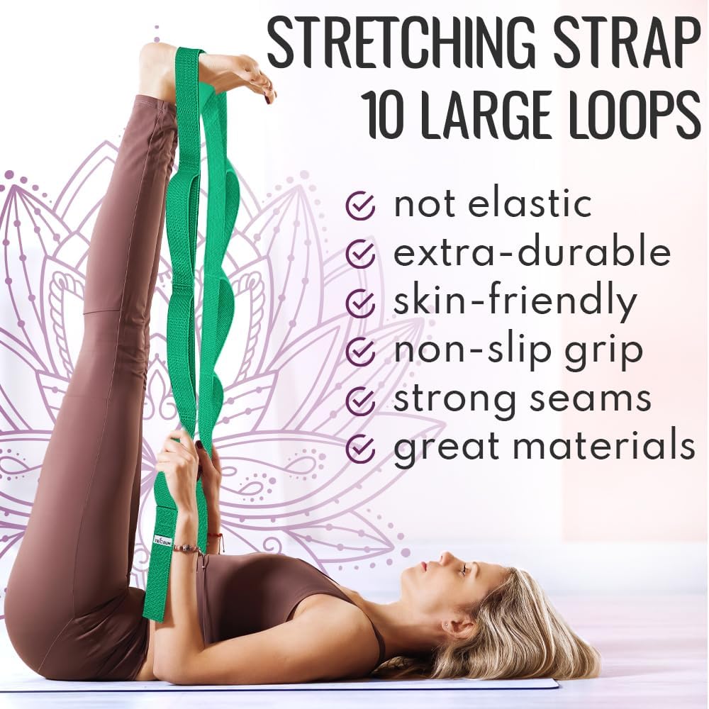Stretching Strap with 10 Loops for Physical Therapy & Rehab | Non-Elastic Yoga Stretch Band for Hamstring, Leg, Hip & Knee Rehab, Pilates, Flexibility & Mobility Exercises for Men & Women
