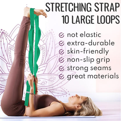 Stretching Strap with 10 Loops for Physical Therapy & Rehab | Non-Elastic Yoga Stretch Band for Hamstring, Leg, Hip & Knee Rehab, Pilates, Flexibility & Mobility Exercises for Men & Women