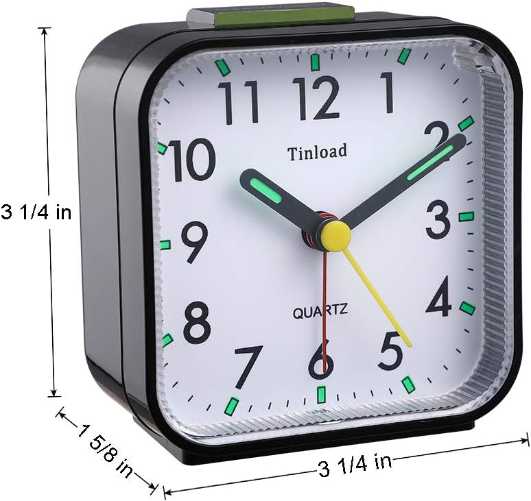 Tinload Small Battery Operated Analog Travel Alarm Clock Silent Non Ticking, Gentle Wake, Ascending Beep Sounds, Snooze,Lighted on Demand, Easy Set(Black)