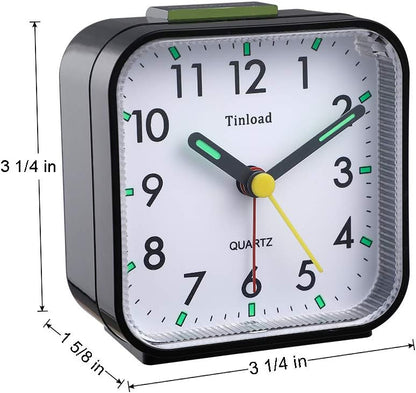 Tinload Small Battery Operated Analog Travel Alarm Clock Silent Non Ticking, Gentle Wake, Ascending Beep Sounds, Snooze,Lighted on Demand, Easy Set(Black)