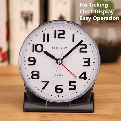 FAMICOZY 4.5" No Ticking Analog Alarm Clock,Silent Readable for Seniors,Easy to Set,Gradual Rise Alarm,Big Numbers,On/Off Switch on Side,Gentle Wake,Snooze Soft Backlight,Battery Operated,Black