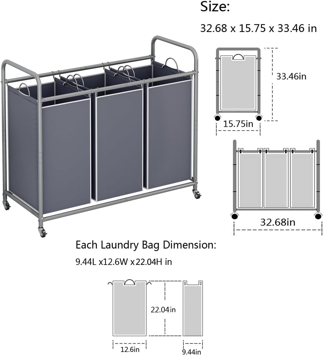 LINZINAR 3 Section Laundry Hamper, Black Laundry Basket 135L Laundry Sorter | Laundry Room Organization with Heavy Duty Rolling Lockable Wheels and Removable Bag, Bedroom Laundry Cart for Clothes Storage