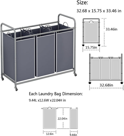 LINZINAR 3 Section Laundry Hamper, Black Laundry Basket 135L Laundry Sorter | Laundry Room Organization with Heavy Duty Rolling Lockable Wheels and Removable Bag, Bedroom Laundry Cart for Clothes Storage