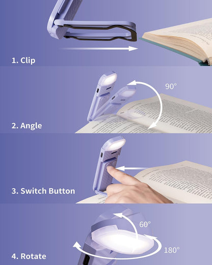 HEMONNKAM Book Reading Light, Rechargeable Clip on Booklight, Eye Caring 3 Color Temperatures & 5 Brightness Levels, Night Use for Bed, Long Lasting, Reading at Night in Bed, Romantic Purple