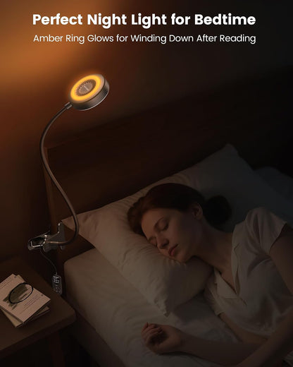Glocusent 72 LED Desk Lamp, Bed Lamp with Amber Ring& Amber Mode | 3 Colors & 5 Brightness, 2.75" Clamp & 30Min Timer, USB Powered with Remote, Clamp Light for Headboard/Dorm/Bunk/Work/Craft