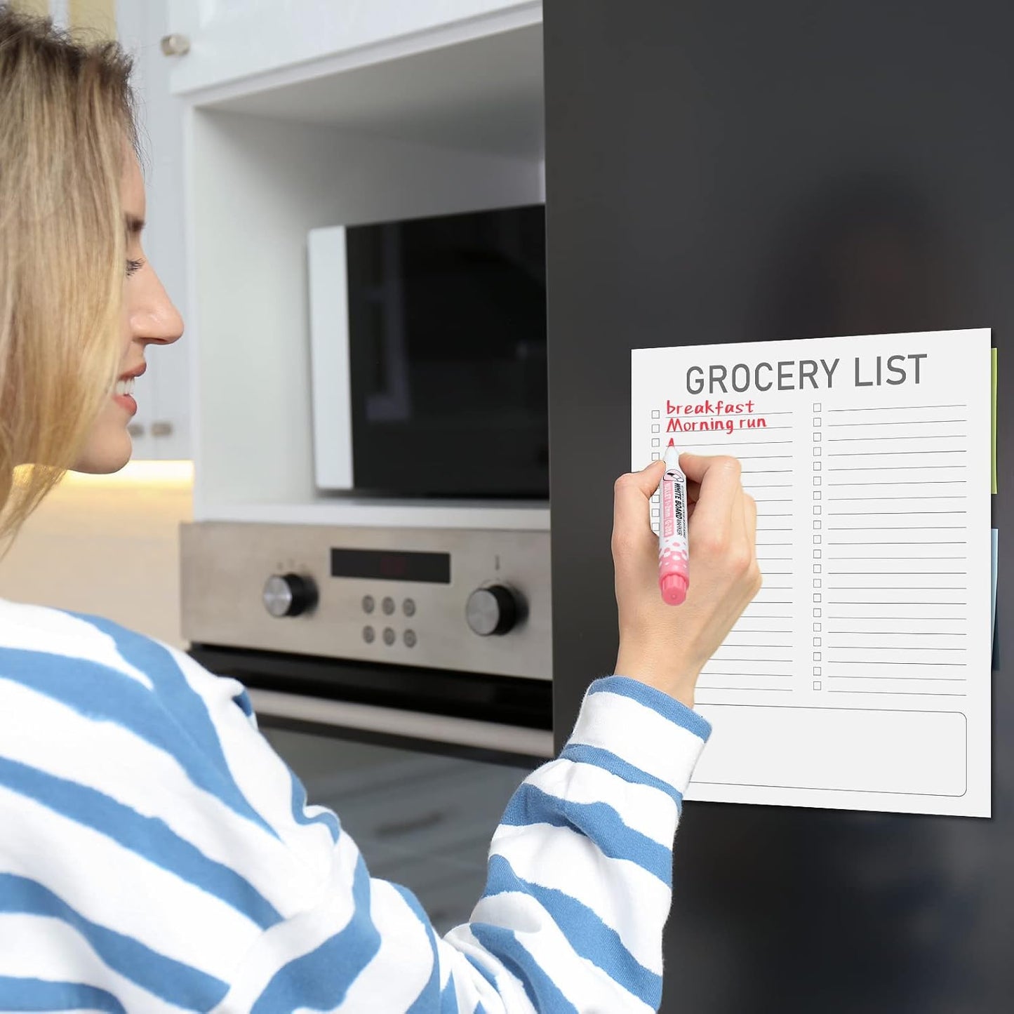 Gueevin 2 Pcs Magnetic Dry Erase Grocery List for Fridge 10" x 12" Magnet White Board Sheet with 8 Whiteboard Markers 2 Eraser Reusable for Refrigerator Kitchen Locker Cabinet Door(Gray Line)