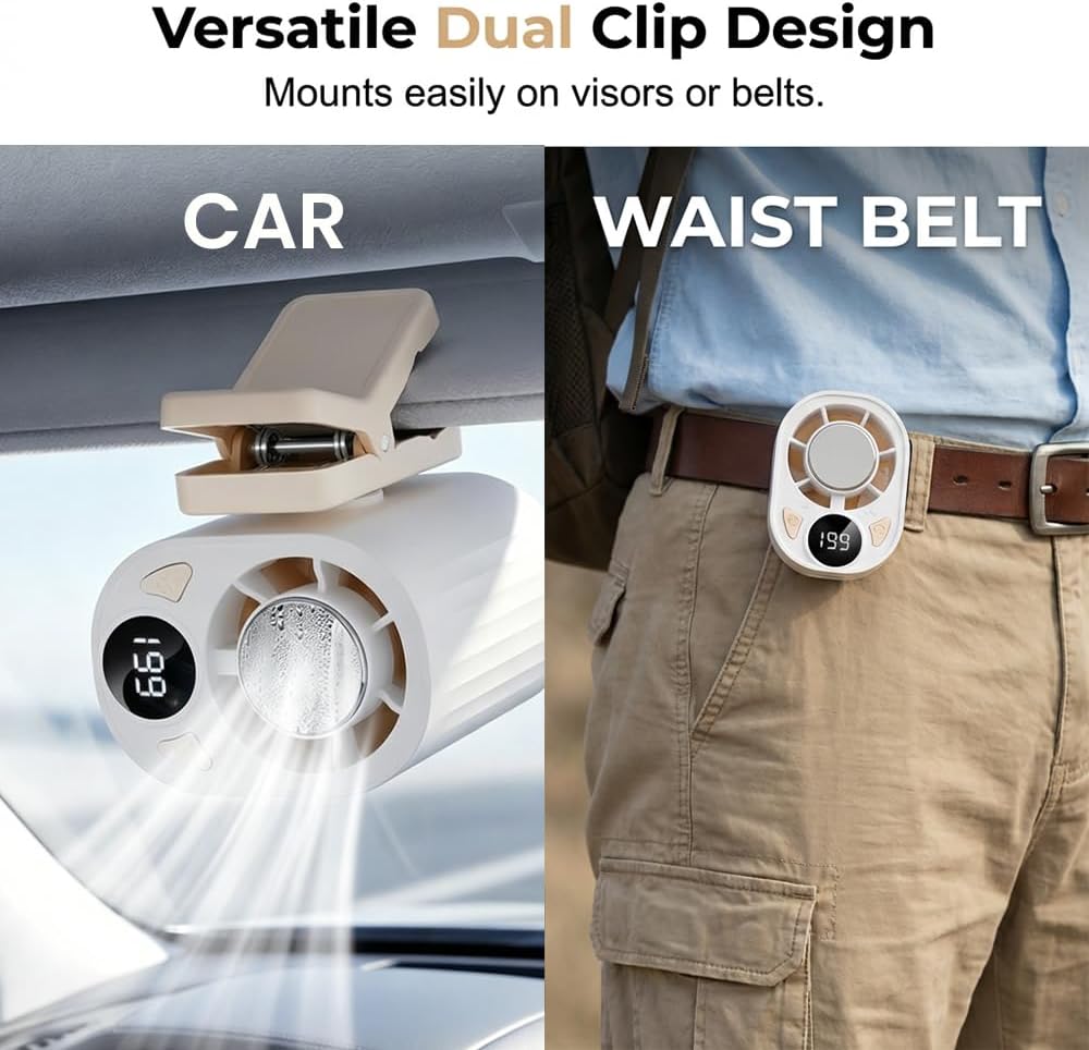 2026 New Car Clip On Air Conditioner Fan, Portable Clip On Cooling Fan with 360° Rotation, Rechargeable Fan for Bed, Umbrella and Car Visor & Roof Handles (White)