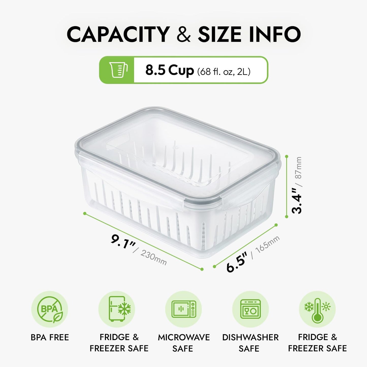 11.4 Cup Produce Saver Container for Fridge with Colander 2.7L | Airtight Fruit & Vegetable Storage Bin, Removable Strainer Basket, BPA-Free, Stackable, White Colander