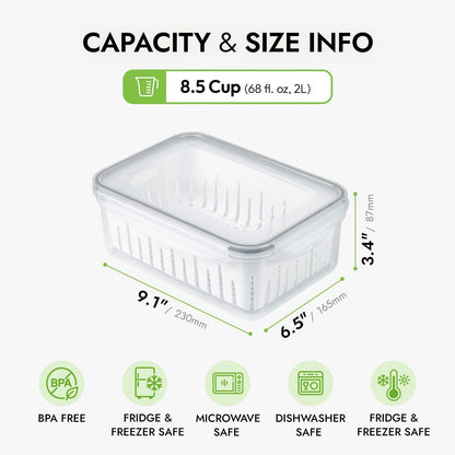 11.4 Cup Produce Saver Container for Fridge with Colander 2.7L | Airtight Fruit & Vegetable Storage Bin, Removable Strainer Basket, BPA-Free, Stackable, White Colander