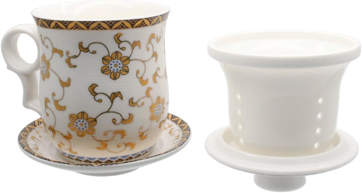 Porcelain Tea Cup with Infuser Lid and Saucer Sets - Chinese Jingdezhen Ceramics Coffee Mug Teacup Loose Leaf Tea Brewing System for Home Office