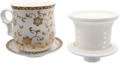 Porcelain Tea Cup with Infuser Lid and Saucer Sets - Chinese Jingdezhen Ceramics Coffee Mug Teacup Loose Leaf Tea Brewing System for Home Office