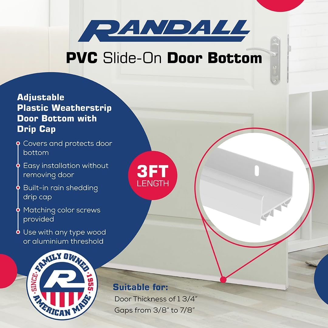 PVC Slide-On Door Bottom | Adjustable Plastic Weatherstrip Door Bottom with Drip Cap | 3 Feet (36-Inch) | for 1 3/4” Doors | White | Fits Gaps 3/8” to 7/8” | Made in the USA