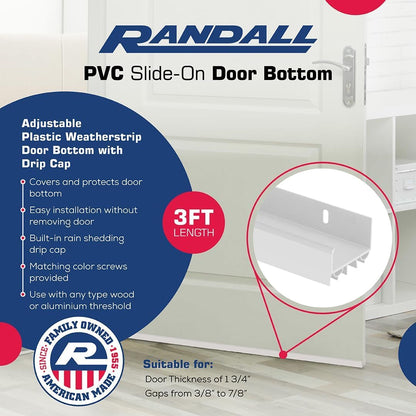 PVC Slide-On Door Bottom | Adjustable Plastic Weatherstrip Door Bottom with Drip Cap | 3 Feet (36-Inch) | for 1 3/4” Doors | White | Fits Gaps 3/8” to 7/8” | Made in the USA