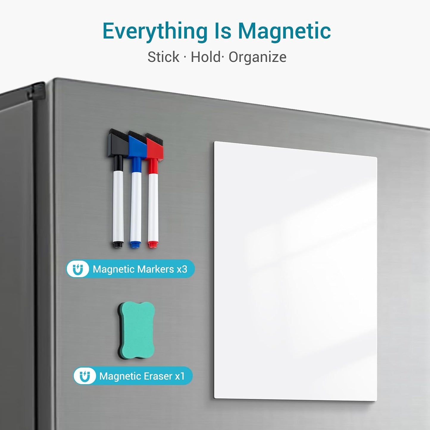 Magnetic Dry Erase Whiteboard for Fridge, 12"x8" Small White Board for Refrigerator, Grocery List & Meal Planner Kitchen Organizer with Stain Resistant Technology, Includes 3 Markers & Eraser