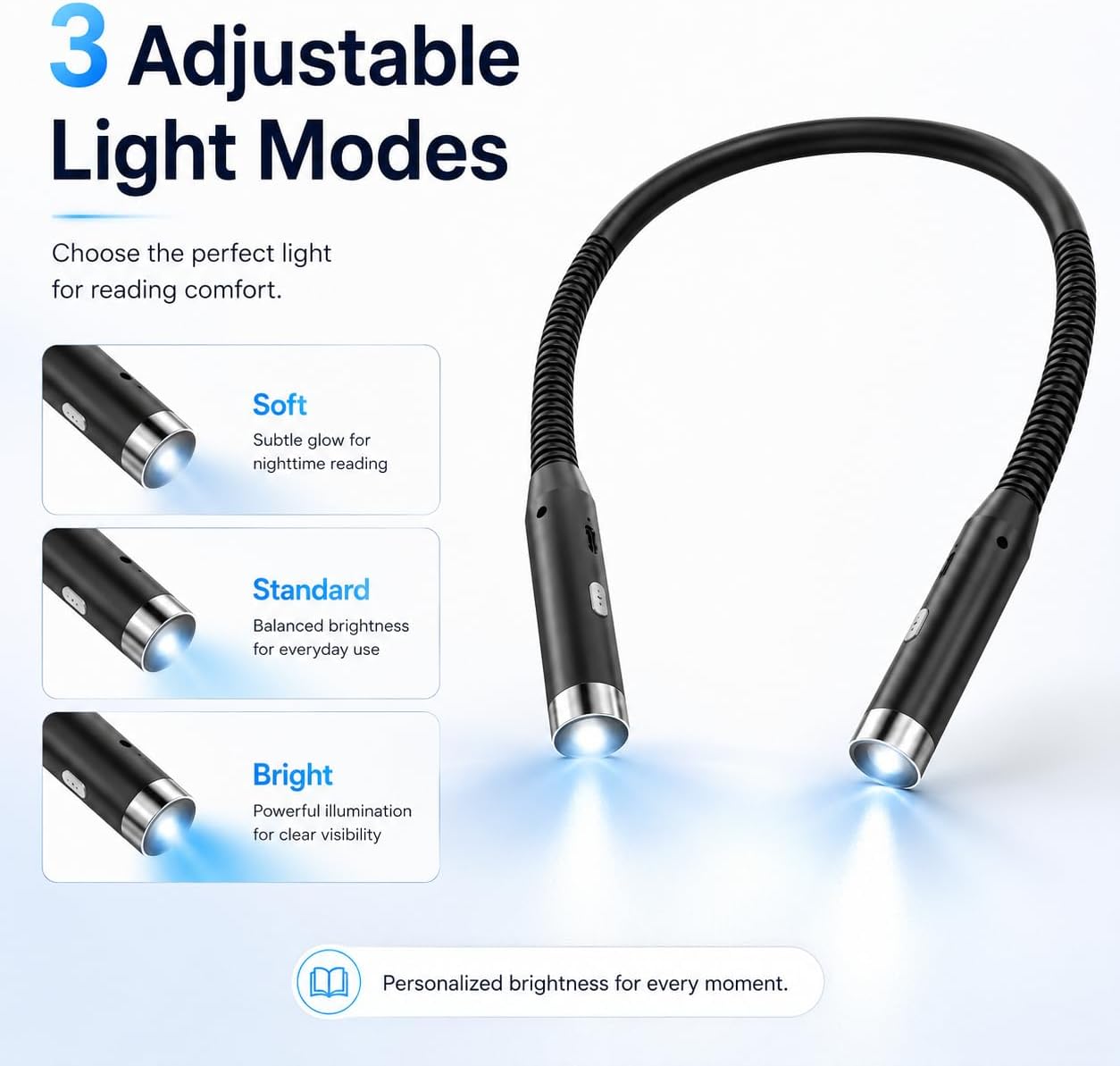 Neck Book Light, Black | Reading Lights for Books in Bed, 3-Level Brightness LED, Hands-Free, USB Rechargeable, Long-Lasting, For Reading