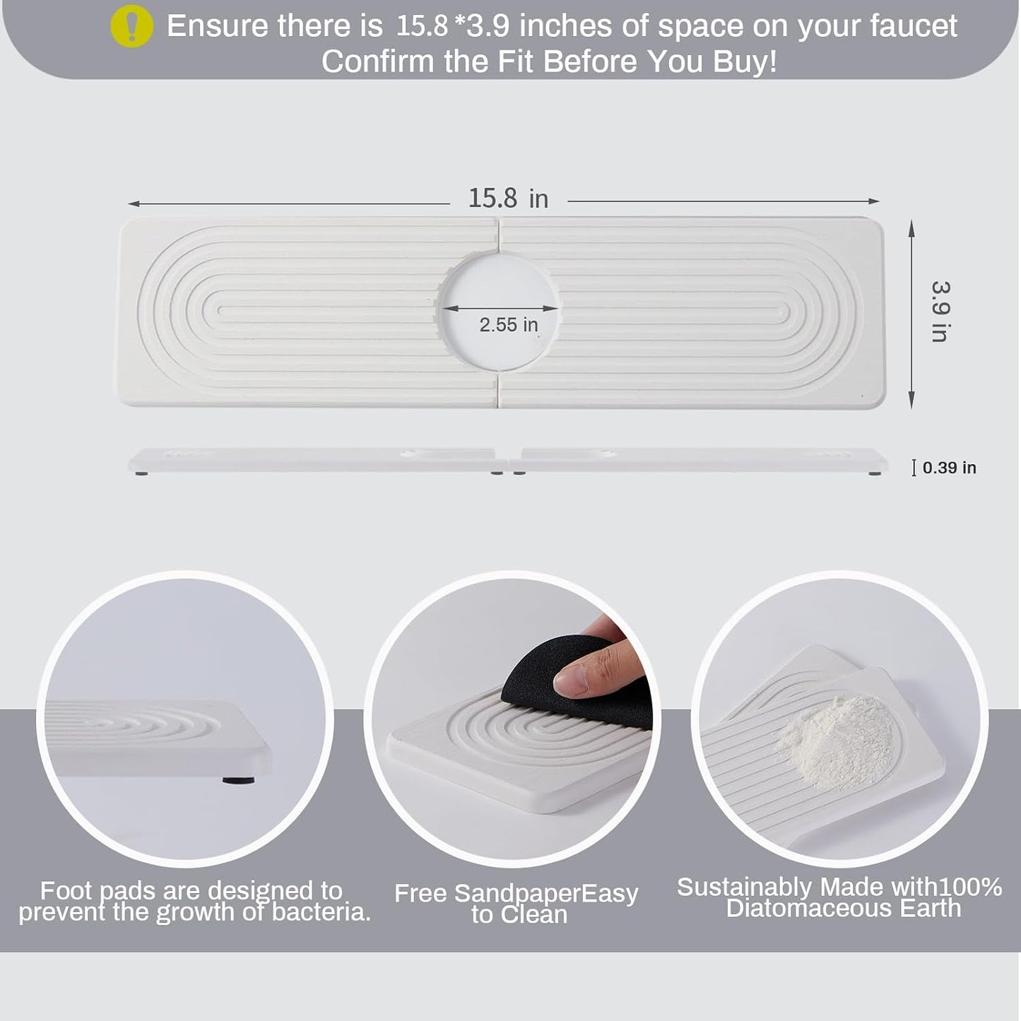 Stone Faucet Mat for Kitchen Sink, Faucet Mat Fast Drying Diatomite | Sink Splash Guard Water Absorbing Stone Tray for Sink, Counter Protector Matt for Kitchen & Bathroom