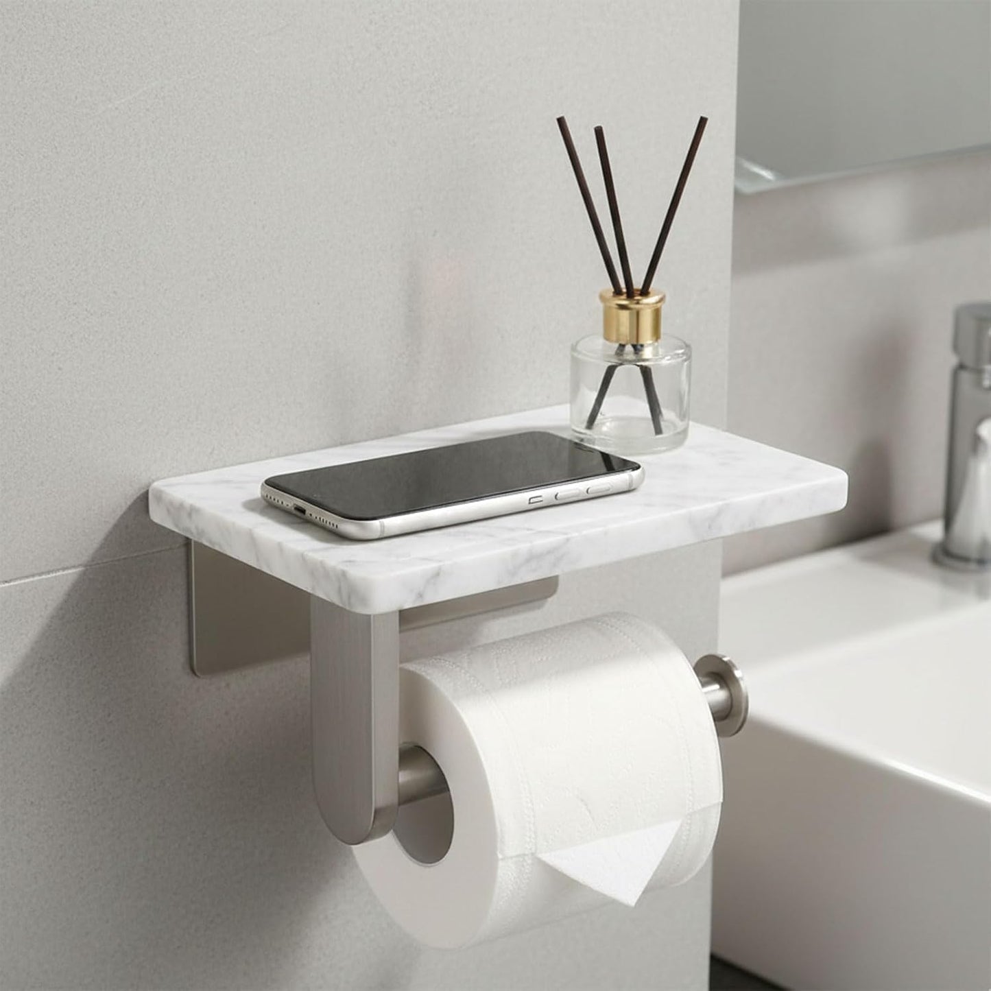 Toilet Paper Holder with Natural Marble Shelf for Bathroom Washroom,Wall Mounted Tissue Holder Suitable for Mega Roll (Brushed Nickel,Small 6.7 * 4.3 in)