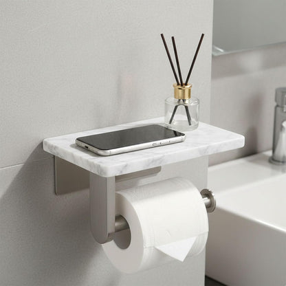 Toilet Paper Holder with Natural Marble Shelf for Bathroom Washroom,Wall Mounted Tissue Holder Suitable for Mega Roll (Brushed Nickel,Small 6.7 * 4.3 in)